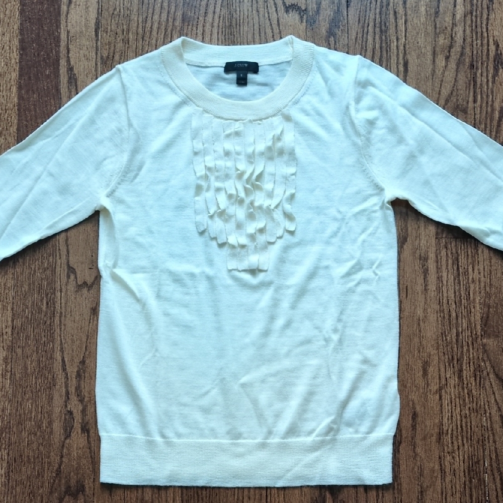 J Crew Ivory Ruffle Detail 3/4 Sleeve Sweater